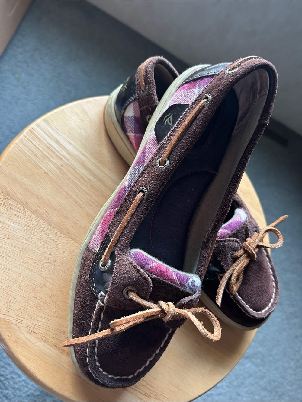 Sperry Brown Suede Moccasins with Pink Plaid Trim